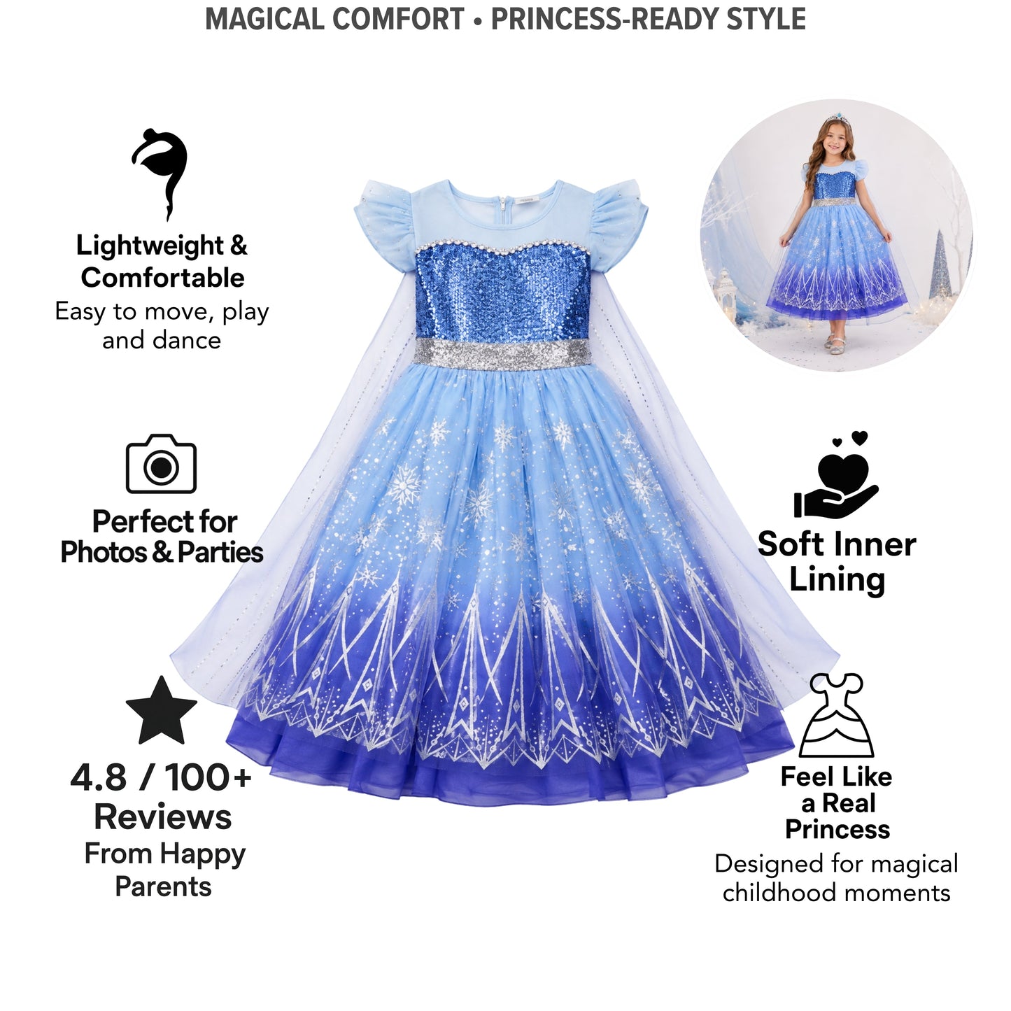 AMA™ Little Midnight Snow Princess Kids Dress