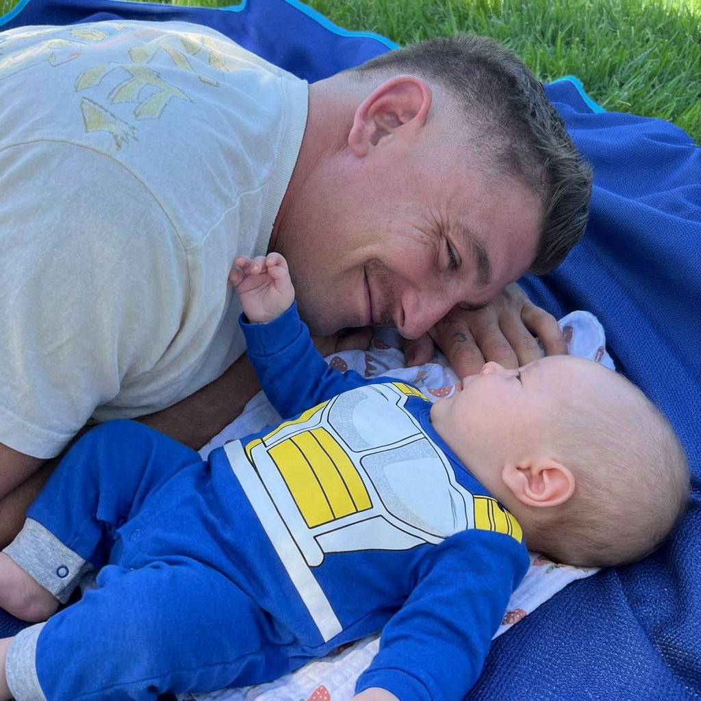 Dad lying beside a baby in a Little Vegeta romper on a picnic blanket