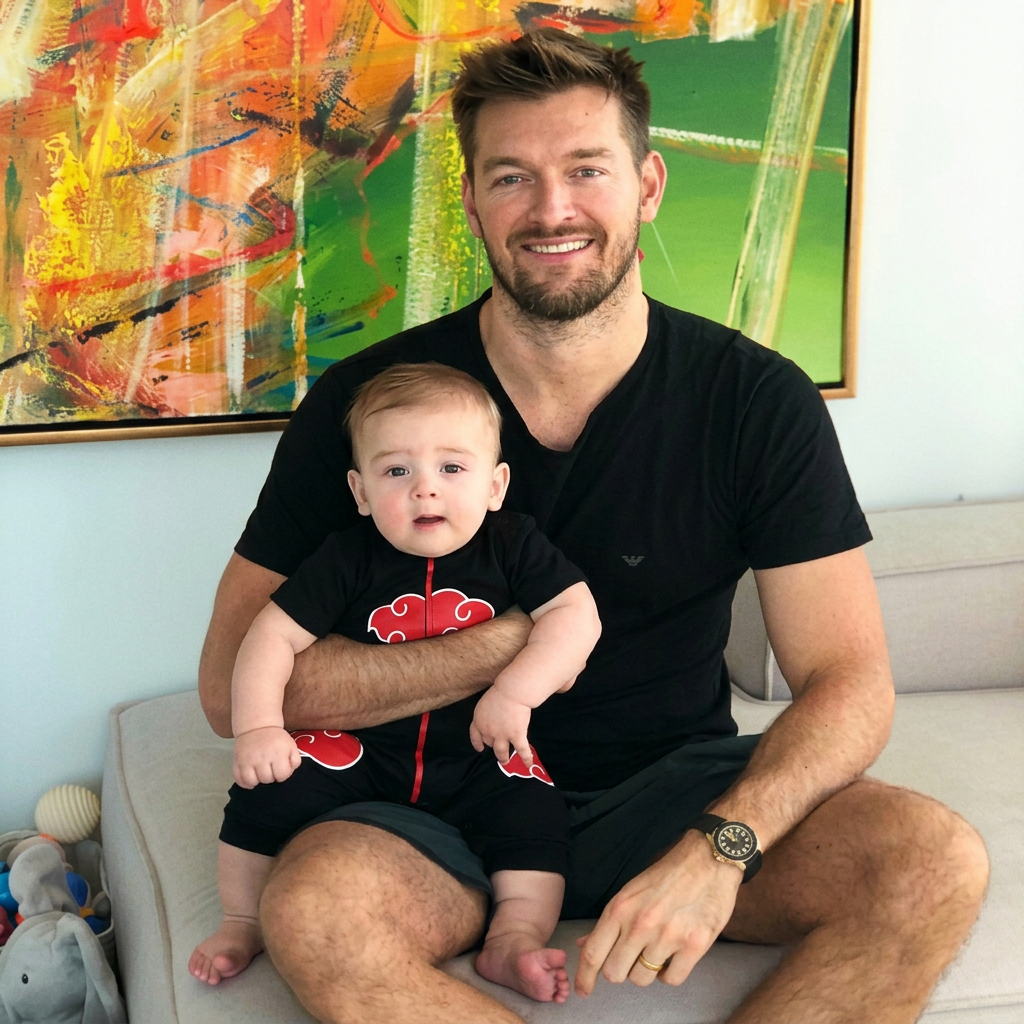 Dad sitting with a baby in a Little Akatsuki romper