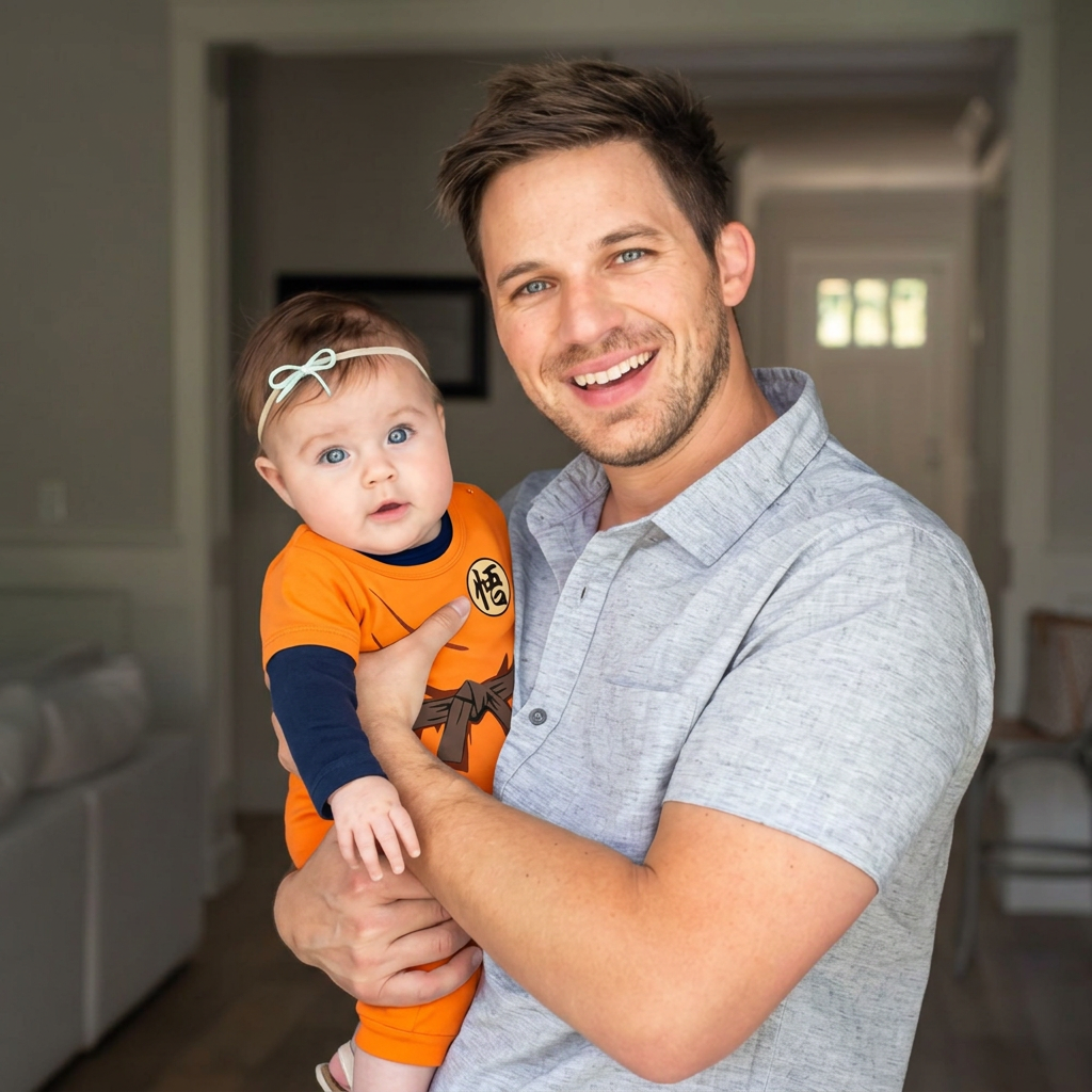 Dad holding his daughter in a Little Goku romper