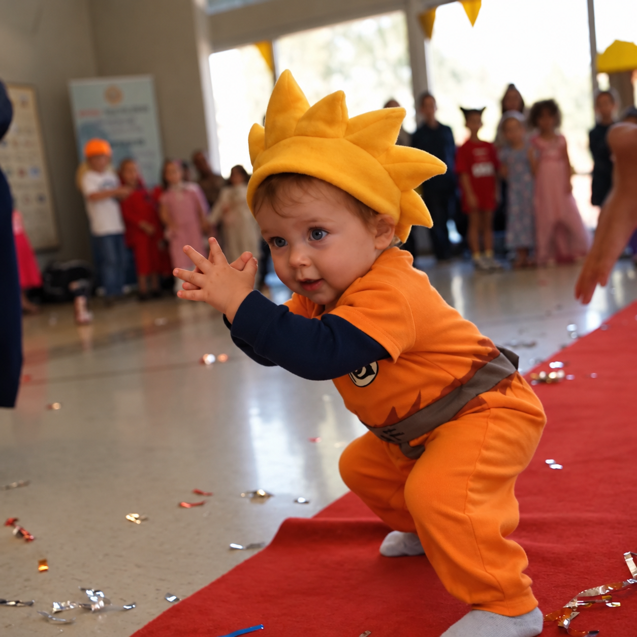 Toddler in a Little Goku romper posing on a red carpet