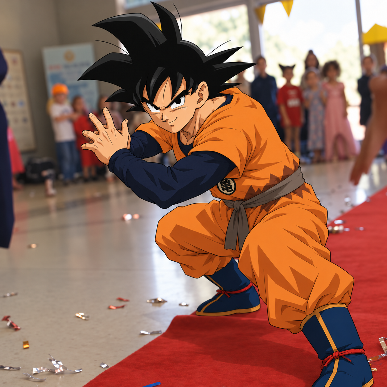 Illustrated Goku in an orange outfit striking the same pose