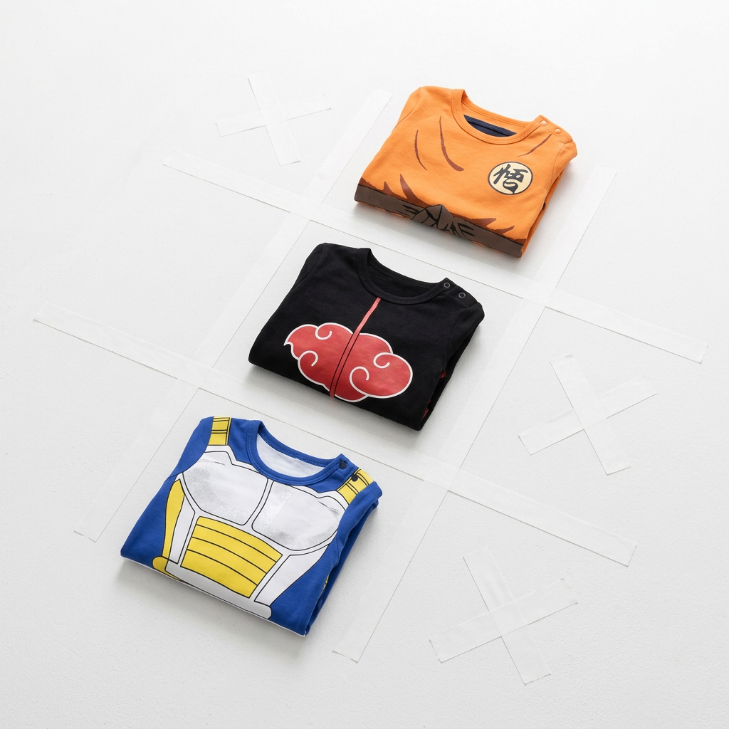 Little Goku, Little Akatsuki and Little Vegeta rompers arranged on a white background